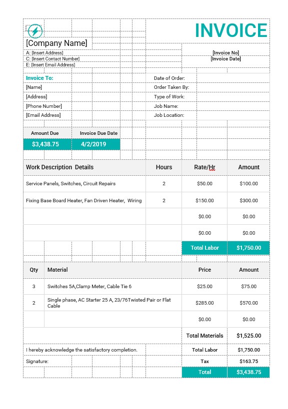 Electrical Work Order Invoice Template PSD template